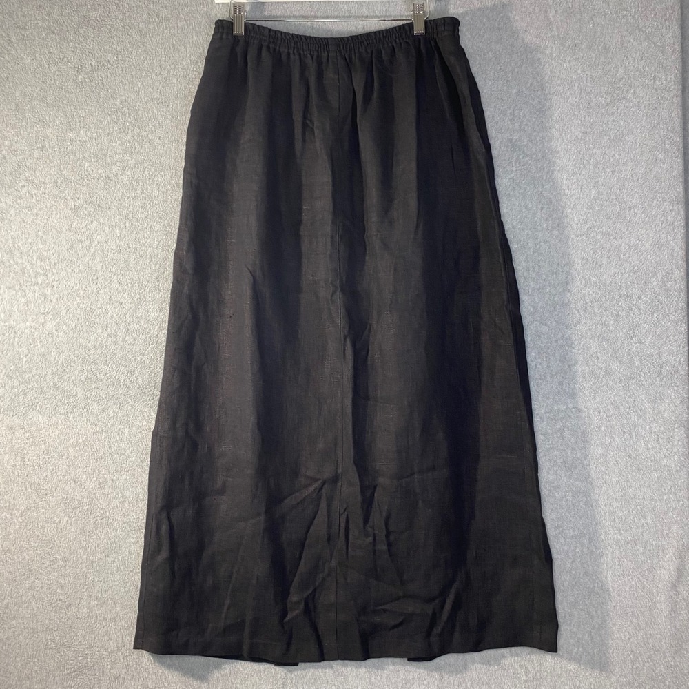Harve Benard Maxi Skirt Women 14 Black 100% Linen Elastic Waist‎ EUC Breathable